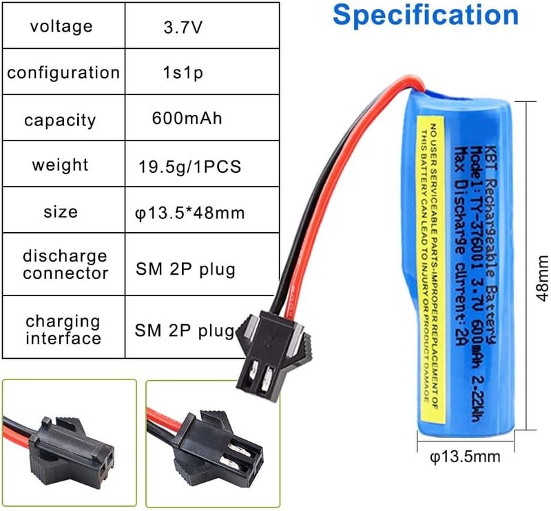 KBT KEEP BETTER TECH KBT 2 Pack 3.7 Volt 600mAh Li-ion Rechargeable Battery Pack, RC Car SM-2P Plug 3.7v Lithium-ion Batteries with 2 RC Batteries Charger Cable for RC Truck, RC Boat, RC Stunt Car - Image 3